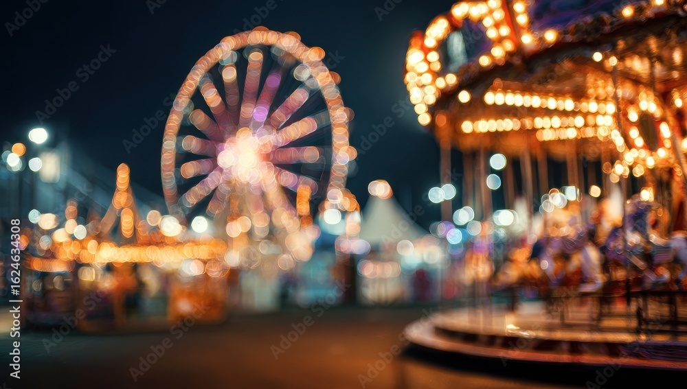 Blurred night fair scene with Ferris wheel and carousel