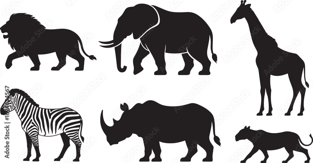 Fototapeta premium African Wildlife Silhouette Vector Collection: Lion, Elephant, Giraffe, Zebra, Rhino, and Leopard Set