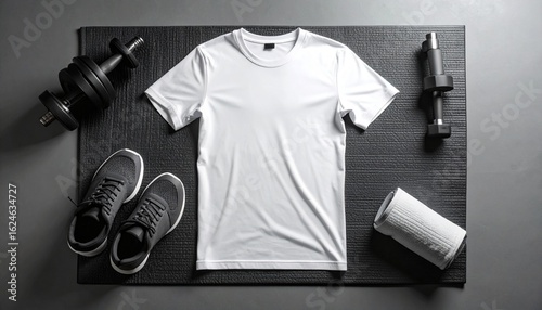 Top view of a white t-shirt mockup for activewear design, flat lay with gym equipment on a dark mat.