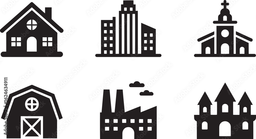 Fototapeta premium Architectural Icons Set Silhouette Depicting Diverse Buildings and Structures in a Modern Style