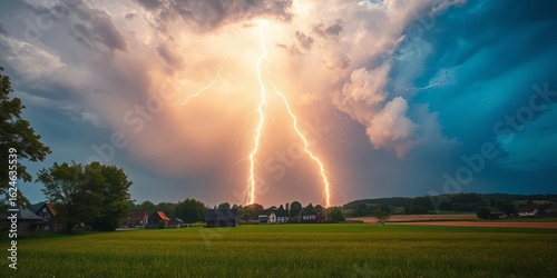 Summer thunderstorm over Rastatt Plittersdorf; lightning striking field,  summer,   flash of light