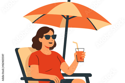 Vector illustration of a smiling senior woman relaxing under an umbrella in a beach chair, symbolizing retirement, travel, and summer tourism for active older adults, isolated on a white background