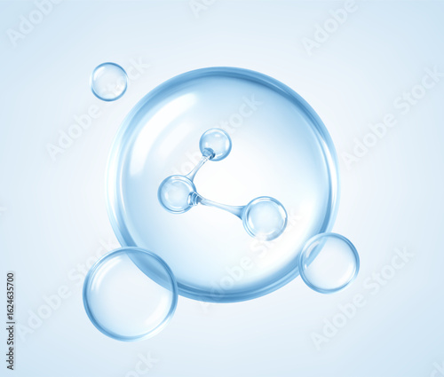 Hyaluronic acid molecule inside transparent blue serum bubble. Hydration and skincare concept. Vector illustration
