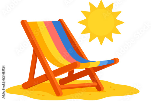 A beach chair on sand under the sun is perfect for travel brochures, vacation websites, summer promotion materials, and coastal lifestyle blogs