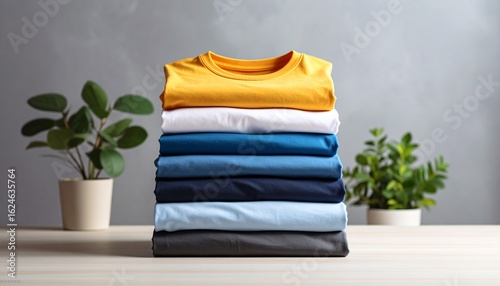 Colorful stack of freshly laundered and folded cotton t-shirts arranged on a table against a gray background.