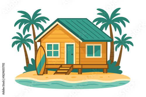 California lifeguard house and palm tree chair graphic print design with surfing board represent a beach paradise island in a good vibes t-shirt artwork and summer retro vector design