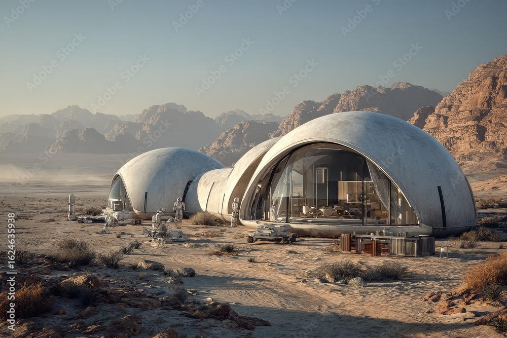 Obraz premium Futuristic habitat in a desert landscape showcasing advanced architecture and human activities