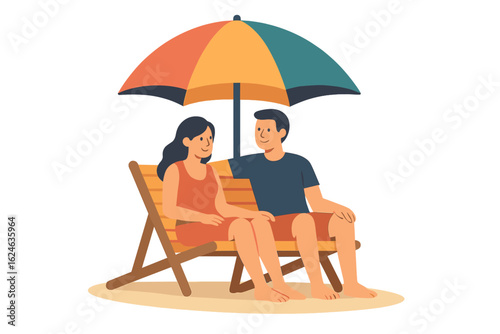An older couple unwind beneath a vibrant beach umbrella
