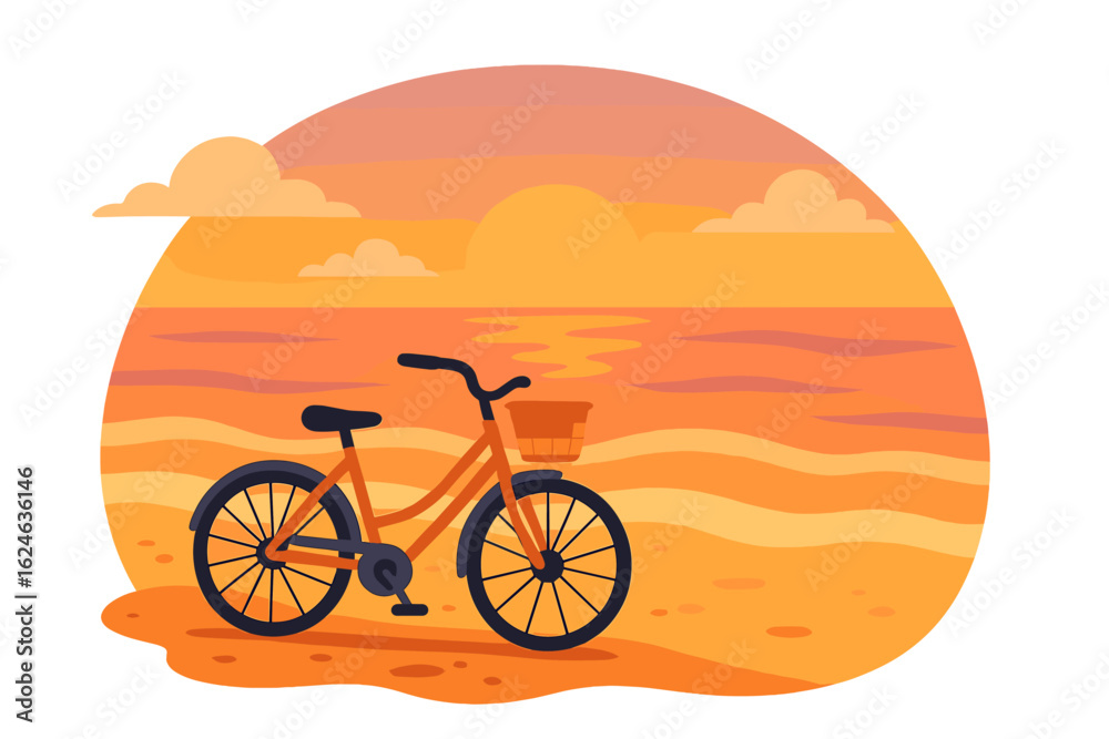 Fototapeta premium A bicycle sits on a serene beach pathway surrounded by palm trees under warm sunny skies