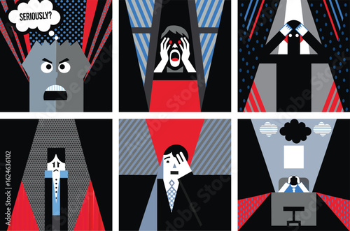 Vibrant flat illustration set featuring expressive characters in panic, surprise and frustration with bold geometric patterns