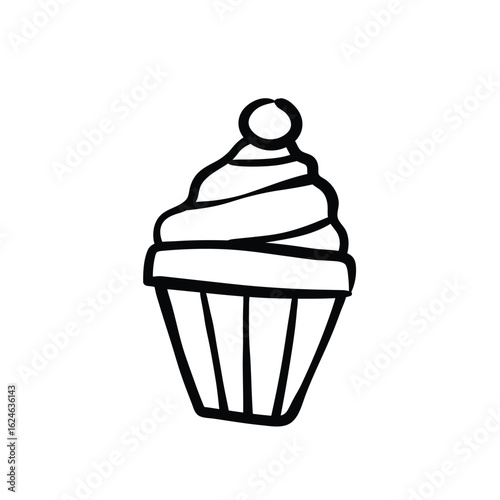 Handdrawn illustration of a cupcake with swirl frosting and a cherry on top.