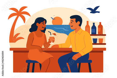 Illustration of a cartoon woman at a beachside bar