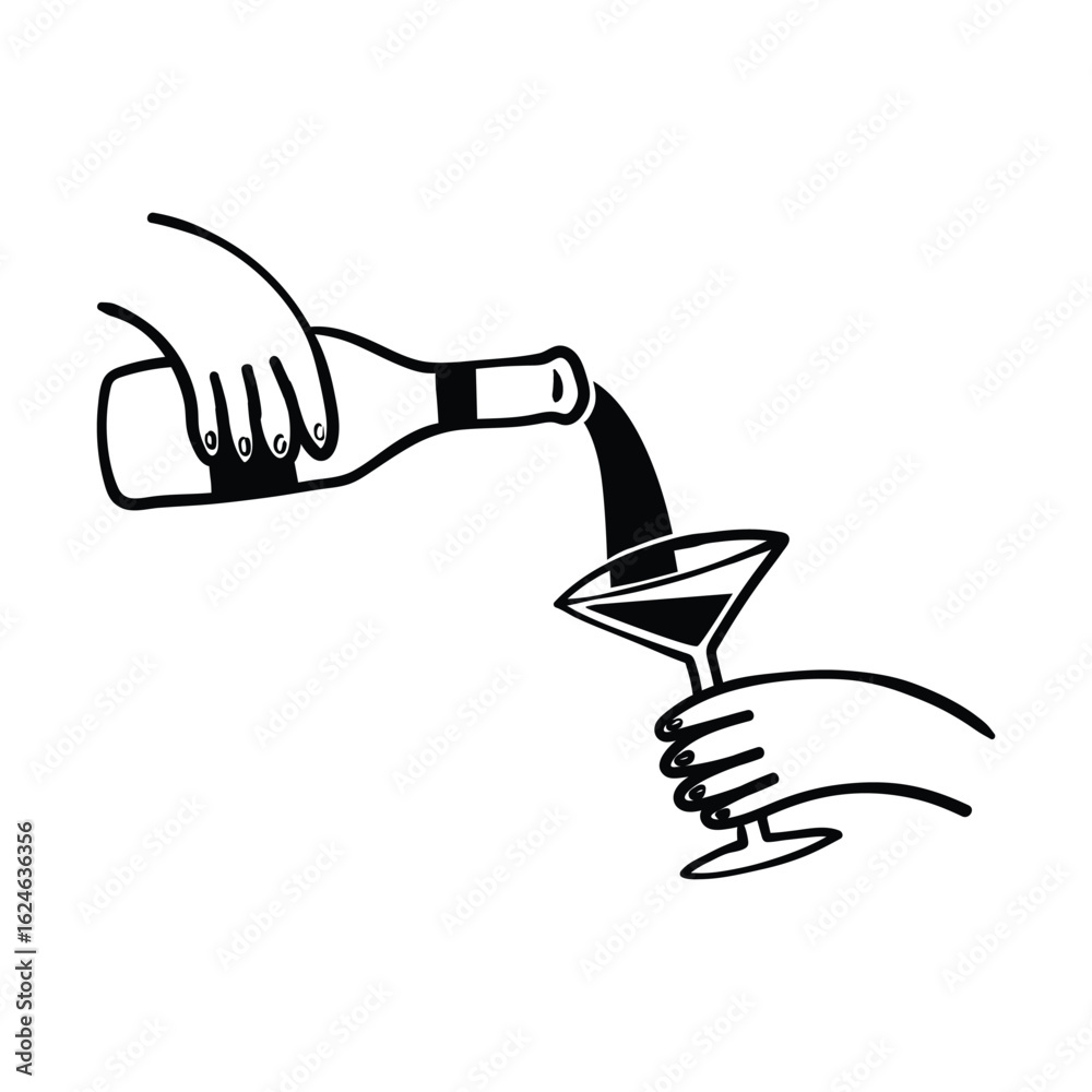 Obraz premium Handdrawn illustration of pouring wine into a martini glass.