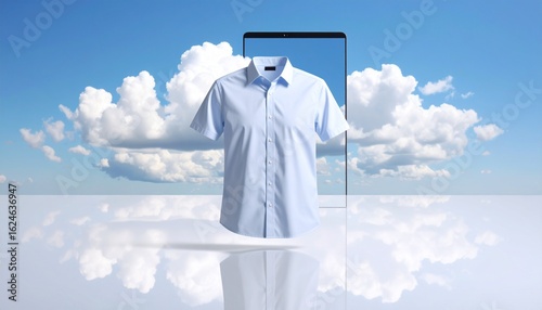 Digital fashion concept of a blue shirt emerging from a virtual portal against a cloud sky. Online shopping and e-commerce.