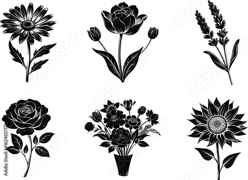 Elegant black‑and‑white botanical line art set featuring tulip, daisy, lavender, rose bouquet and sunflower illustrations