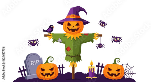 Halloween scarecrow with pumpkins and spiders isolated on white background