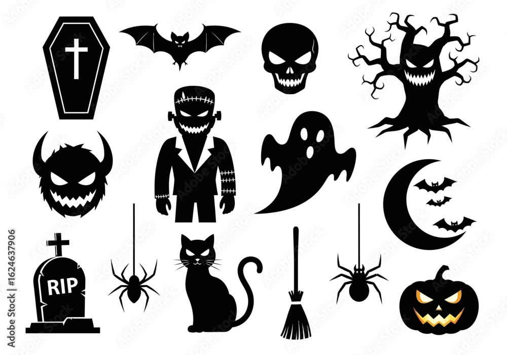 Fototapeta premium Halloween silhouette elements isolated on white background, spooky and scary