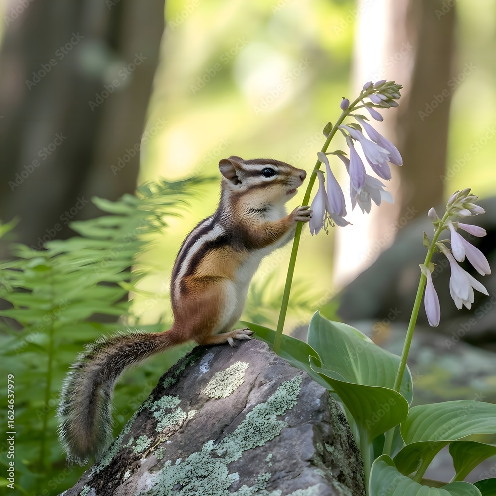 Fototapeta premium Chipmunk Sniffing Purple Wildflower in Forest Setting