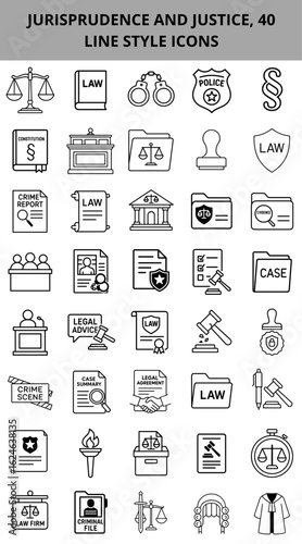 Jurisprudence and justice icons in line style outline set