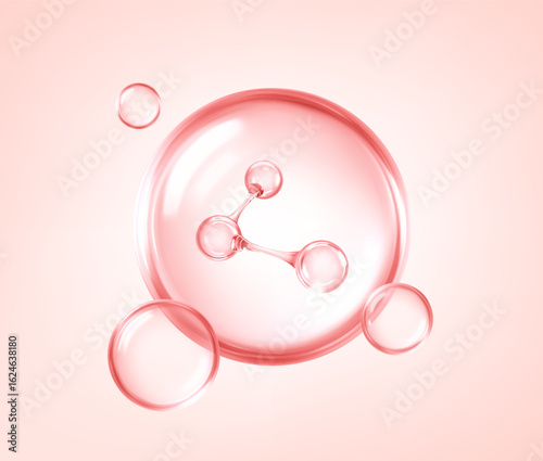 Pink collagen molecule inside glossy serum bubble. Beauty and skincare concept. Vector illustration