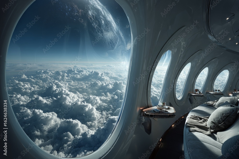 Naklejka premium Luxury spacecraft interior with breathtaking view of Earth and clouds