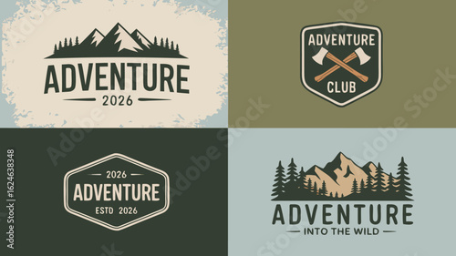 Retro Adventure Logos Featuring Mountains, Trees, Axes, and the Year 2026, Club Emblems