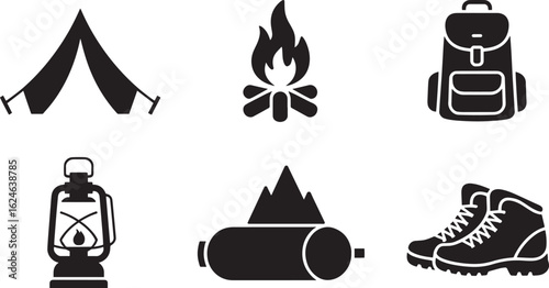 Camping and Outdoor Adventure Icons Collection Tent Fire Backpack Lantern Sleeping Bag Boots