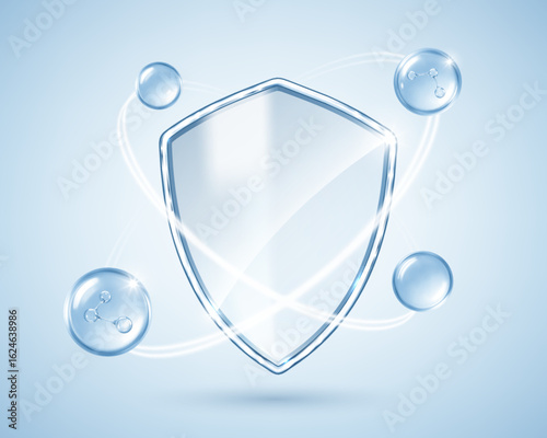 Glossy transparent shield with hyaluronic molecules and glowing energy rings. Skincare protection concept. Vector illustration