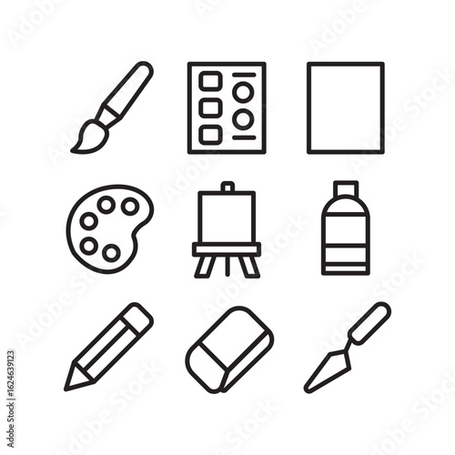 Art Supplies and Creative Tools Outline Icons Set on Isolated White Background