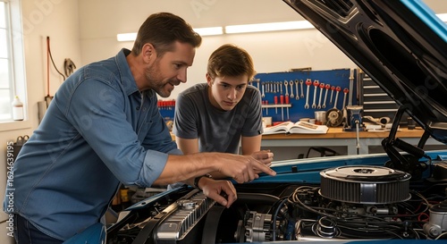 A photorealistic image of a father and his teenage son looking under the hood of a classic car, with the father explaining the engine.