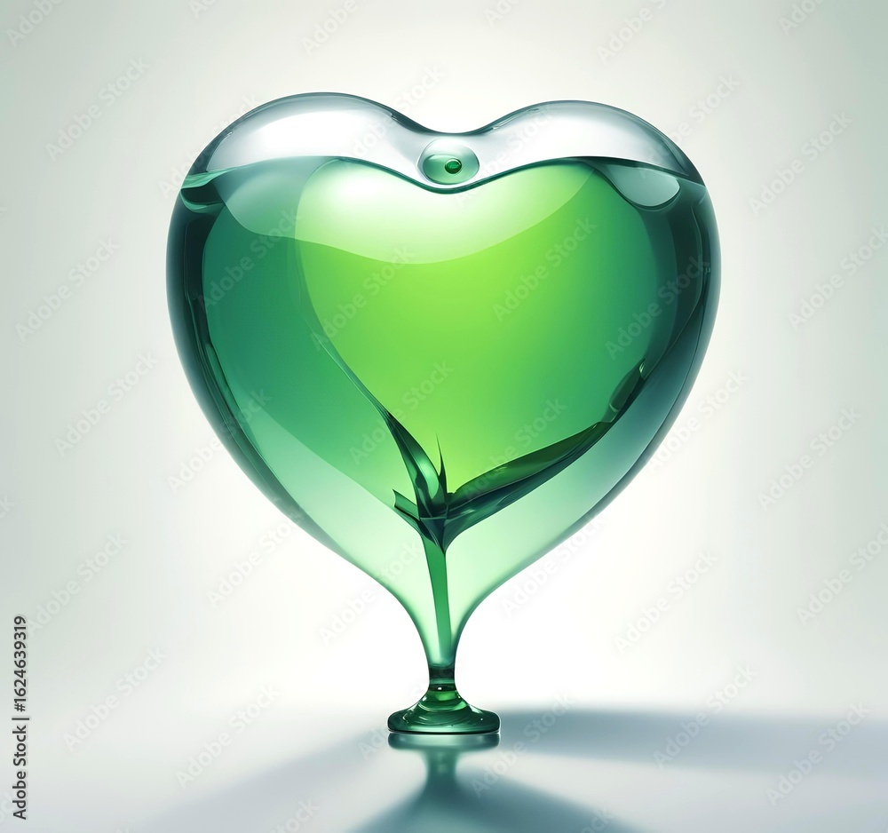 Obraz premium A single drop of green biofuel shaped like a heart, hovering above a reflective surface