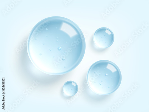 Hydrating gel droplet with transparent texture. Liquid drops, serum, gel or collagen texture. Skin care cosmetic hydration spots. Vector illustration