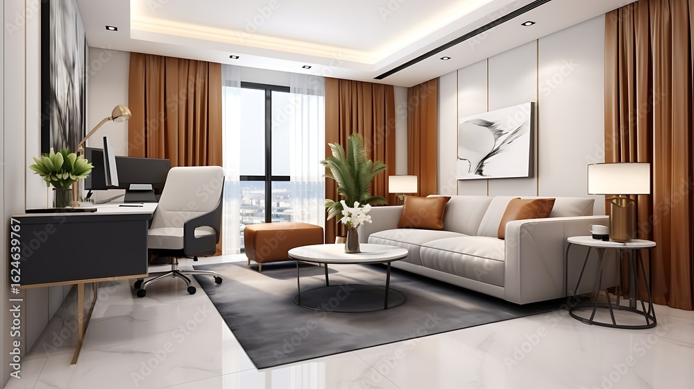 Fototapeta premium Luxury studio apartment interior design with tan leather sofa, modern corner office with white desk, black office chair, and open laptop, 3D Illustrations. 3D Rendering,