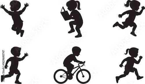 Children Silhouettes Icons Set Vector Illustration with Jumping, Reading, Running, Biking, Playing