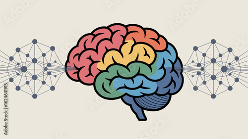 Colorful brain illustration connecting to network, symbolizing intelligence, cognitive function, ideas, and knowledge in a modern, vibrant design concept