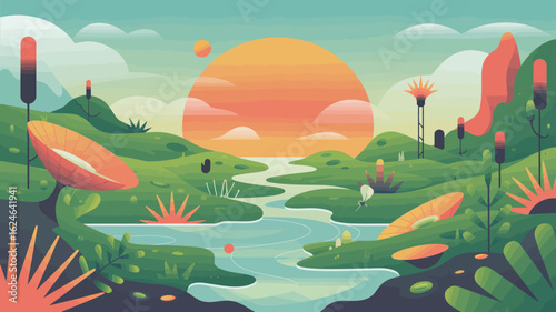 Tranquil alien landscape illustration evokes serenity, perfect for fantasy, nature, or sci-fi projects, inviting viewers to explore a peaceful distant world scene