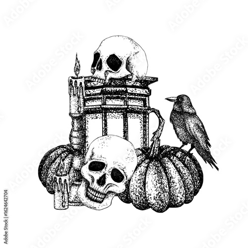 Halloween composition with pumpkins, skulls, black crow, vintage lantern and candelabrum, burning candle. Graphic illustration with white plate. Vector for postcard, poster, napkin, autumn design