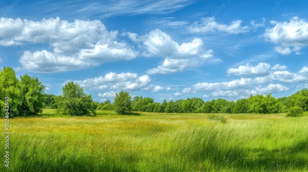 Fototapeta premium The vibrant green field under a bright blue sky adorned with clouds.