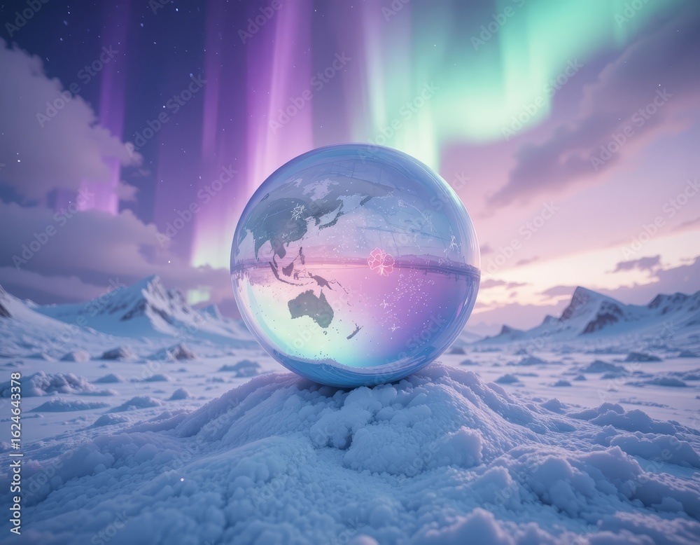 custom made wallpaper toronto digitalCrystal globe reflecting vibrant aurora borealis over snow-covered landscape
