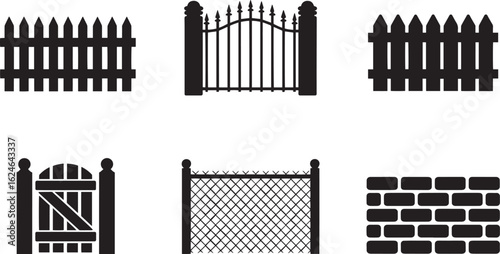 Collection of Fence and Wall Silhouettes for Garden Design and Property Boundary Illustration Elements