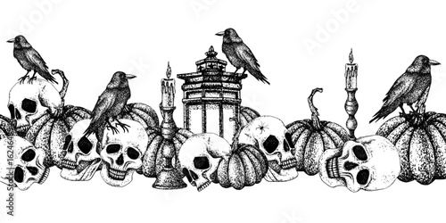Halloween seamless border with pumpkins, skulls, black crow, vintage lantern and candelabrum, candle. Graphic illustration with white background. Vector for packaging, decor, textile, autumn design