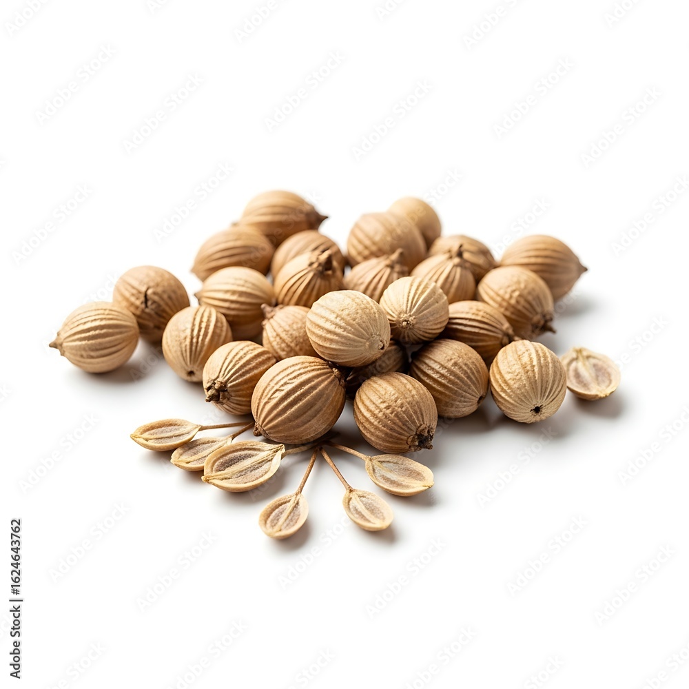 Dried Coriander Seeds with Green Leaves on White Background Dried Coriander Seeds with Green Leaves on White Background