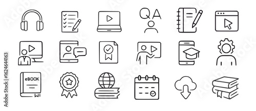 Online Education and Learning Outline Icon Set for E-Learning, online learning vector icon set and line icons 