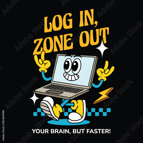 Happy walking laptop cartoon illustration retro style