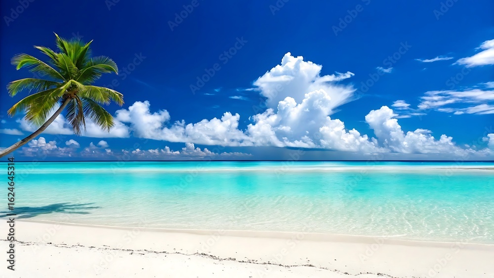 Fototapeta premium Pristine white sand beach with turquoise ocean water and a leaning palm tree under a bright blue sky with fluffy white clouds