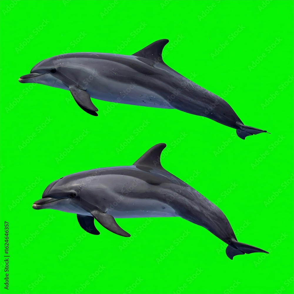 Fototapeta premium Two dolphins leap against a vibrant green backdrop