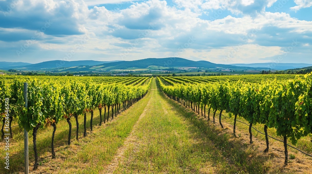 Naklejka premium Tranquil vineyard landscape featuring lush grape vines under a serene sky