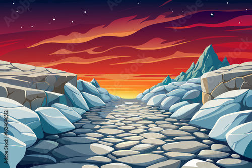 Surreal landscape with road and vibrant white rocks and fluffy clouds, creating a dreamlike environment