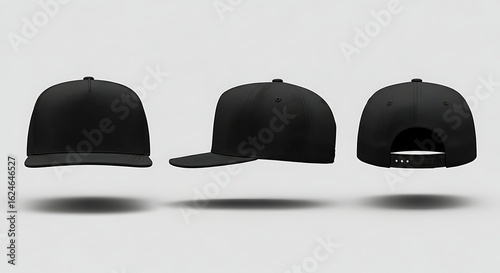 Black Snapback Hat Mockup Template: Front, Side, and Back Views