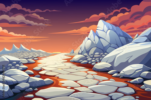 Surreal landscape with road and vibrant white rocks and fluffy clouds, creating a dreamlike environment